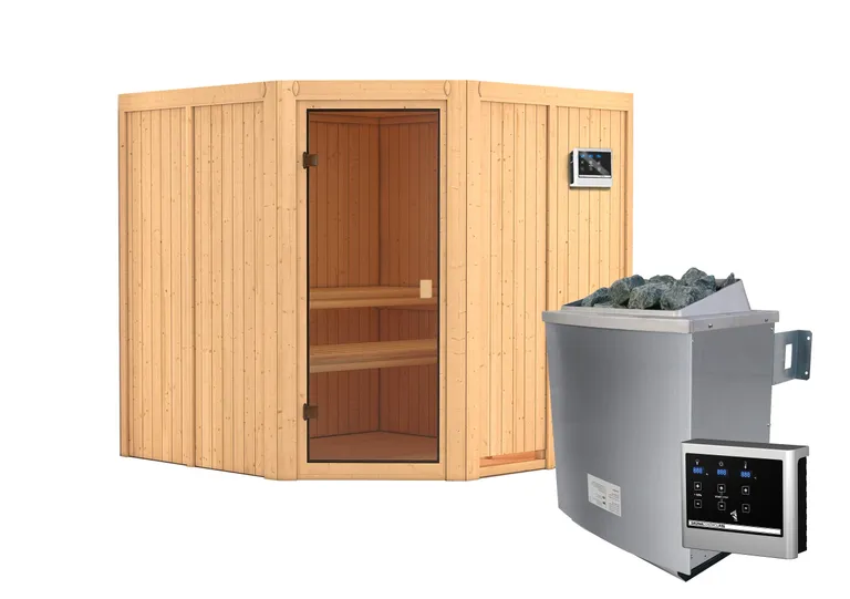 Woodfeeling Massivholz-Sauna Kotka Eckeinstieg 68 mm 3