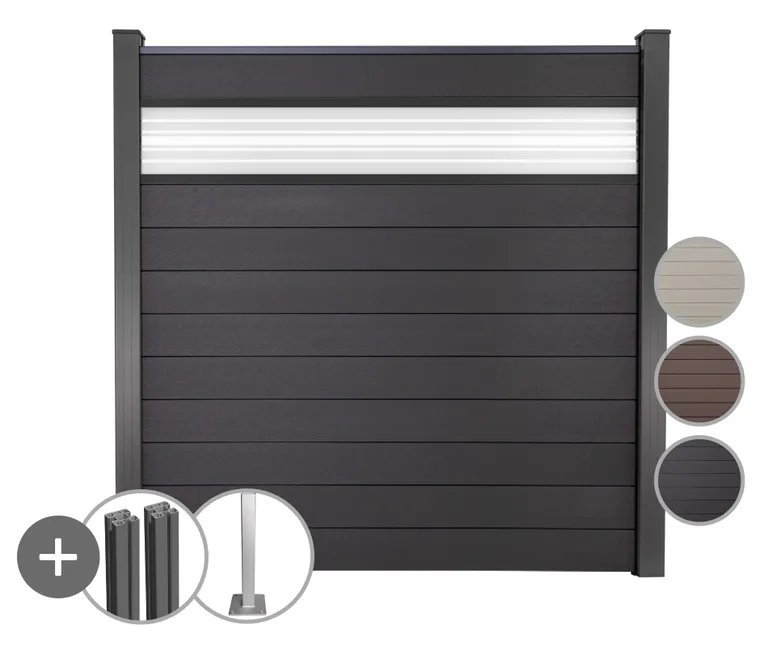 GroJa WPC/BPC Sichtschutzzaun Stecksystem mit Alu-Pfosten mit 30 cm Glaseinsatz Komplettset 0