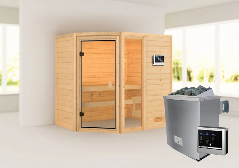 Woodfeeling Massivholz-Sauna Jada Eckeinstieg 38 mm 1