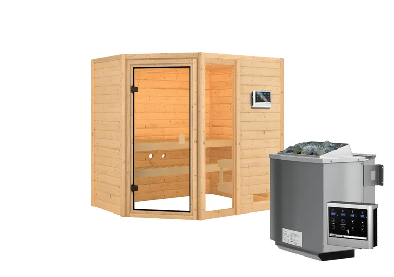 Woodfeeling Massivholz-Sauna Jada Eckeinstieg 38 mm 2