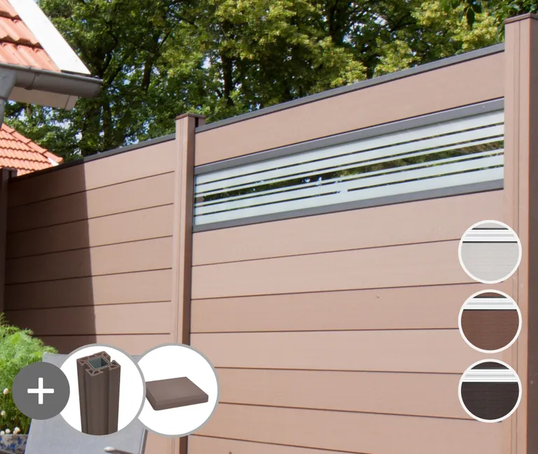 GroJa WPC/BPC Sichtschutzzaun Stecksystem mit 30 cm Glaseinsatz Komplettset 0