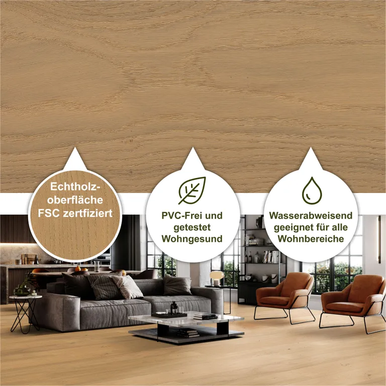 HWZ Klick-Furnierparkettboden PVC-frei, Ökobesserboden Susify, Landhausdiele Eiche Mist 2