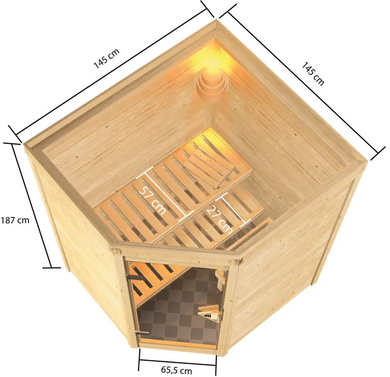 Woodfeeling Massivholz-Sauna Antonia Eckeinstieg 38 mm 1