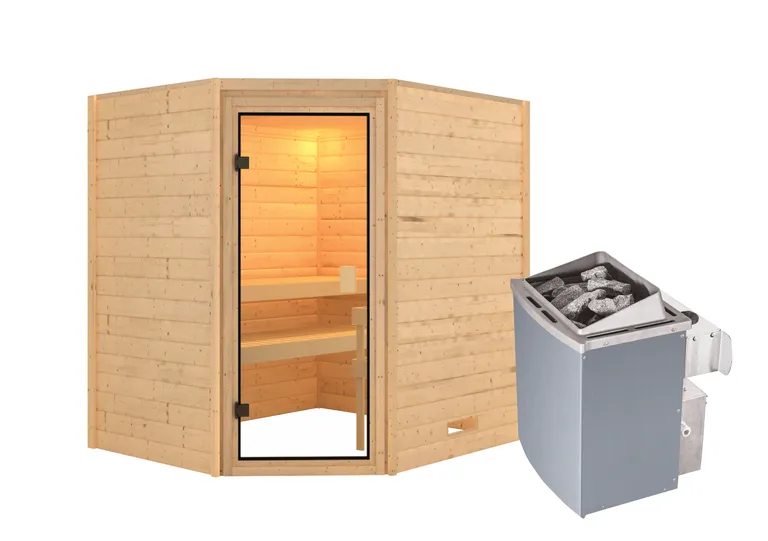 Woodfeeling Massivholz-Sauna Elea Eckeinstieg 38 mm 2