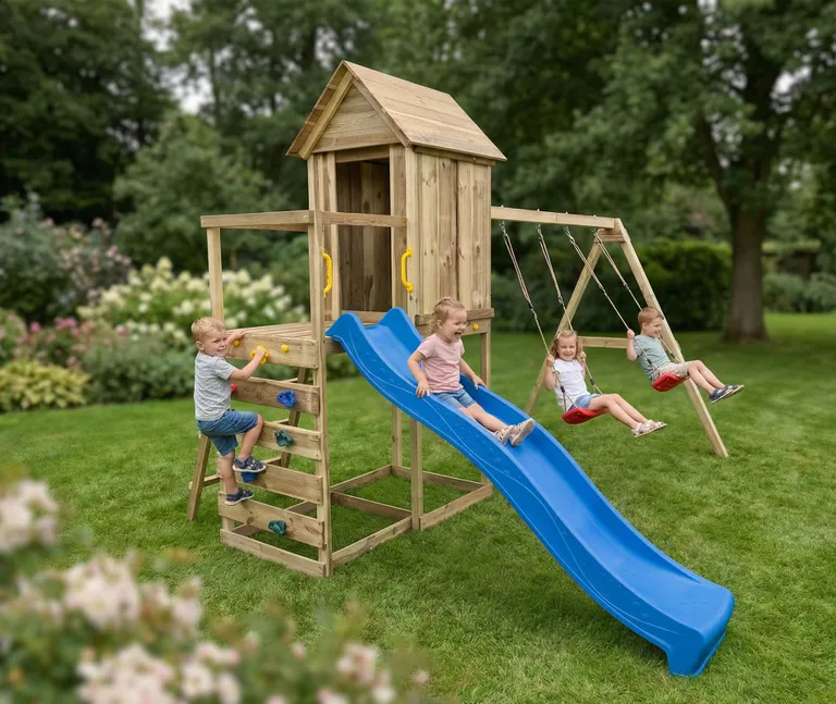 HORI Spielturm Ben, KDI grün mit 2 Schaukeln und Rutsche blau 1