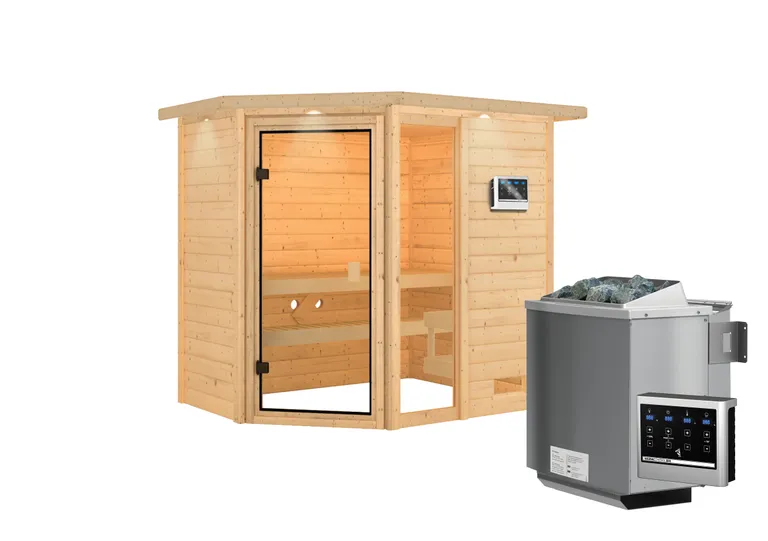 Woodfeeling Massivholz-Sauna Jada Eckeinstieg 38 mm 2