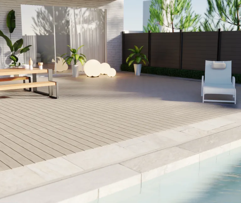 HORI Terrassendielen Komplettset WPC Maui Massiv beige tiefe Holzstruktur + geriffelt 21 x 143 mm 14