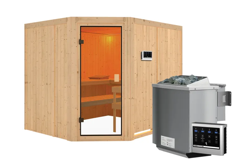 Woodfeeling Massivholz-Sauna Horna Eckeinstieg 68 mm 2