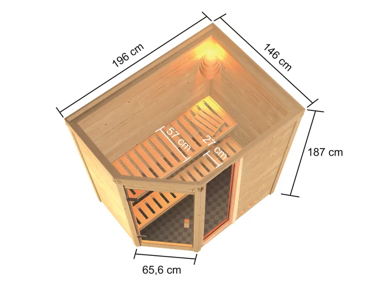 Woodfeeling Massivholz-Sauna Jada Eckeinstieg 38 mm 1