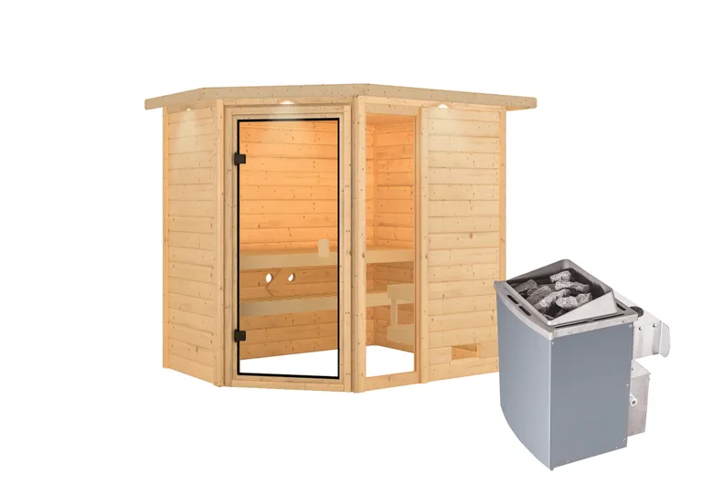 Woodfeeling Massivholz-Sauna Jada Eckeinstieg 38 mm 3