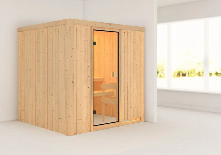 Woodfeeling Massivholz-Sauna Tromsö Fronteinstieg 68 mm 2