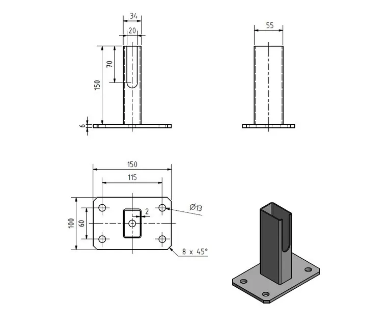 HORI Pfostenträger Fußplatte Universal kurz für Doppelstabmattenzaun 1