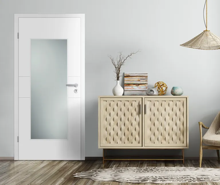 HORI Zimmertür Vigo Weißlack RAL9010 mit Lichtausschnitt Eckkante Röhrenspan Komplettset 1