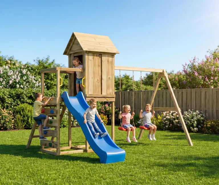 HORI Spielturm Ben, KDI grün mit 2 Schaukeln und Rutsche blau 3