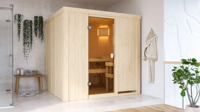 Woodfeeling Massivholz-Sauna Tromsö Fronteinstieg 68 mm 1