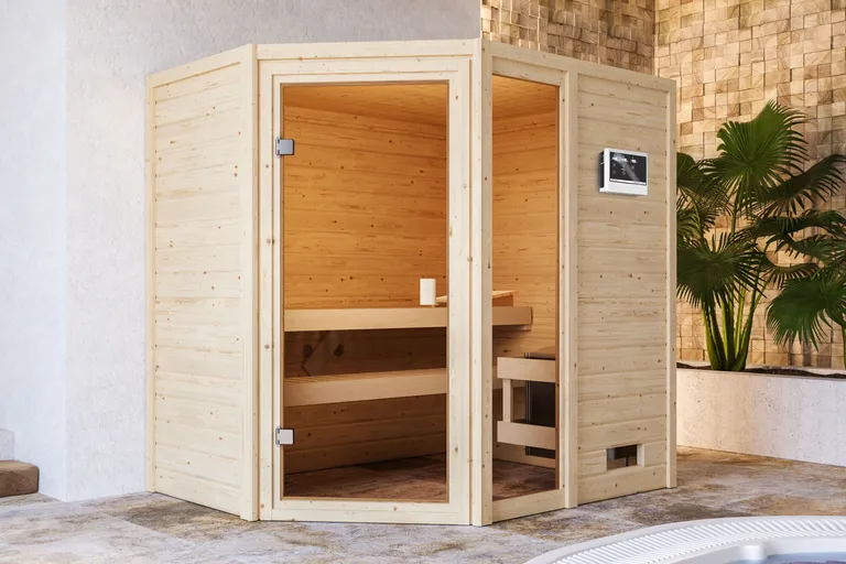 Woodfeeling Massivholz-Sauna Jada Eckeinstieg 38 mm 0