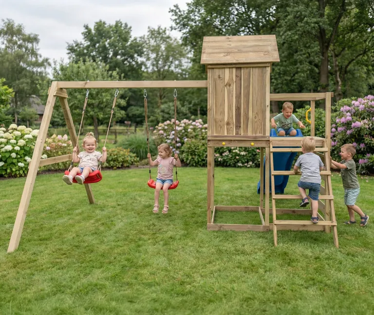 HORI Spielturm Ben, KDI grün mit 2 Schaukeln und Rutsche blau 2