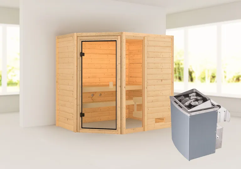 Woodfeeling Massivholz-Sauna Jada Eckeinstieg 38 mm 1