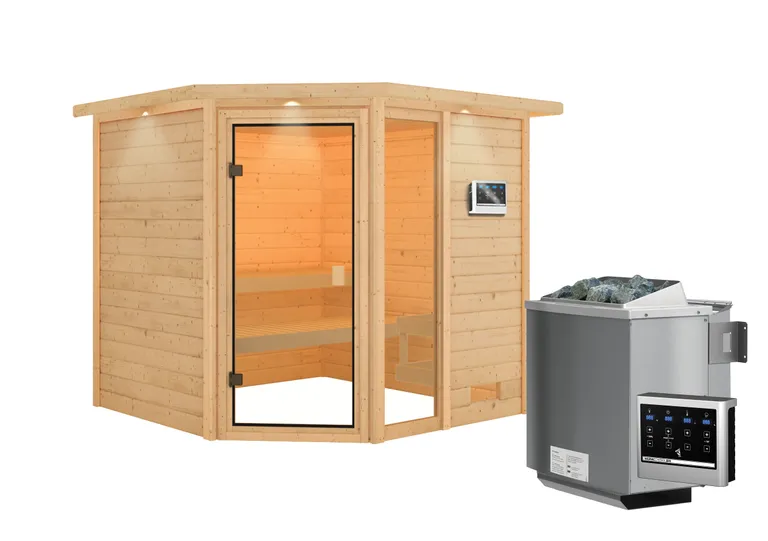Woodfeeling Massivholz-Sauna Tabea Eckeinstieg 38 mm 2