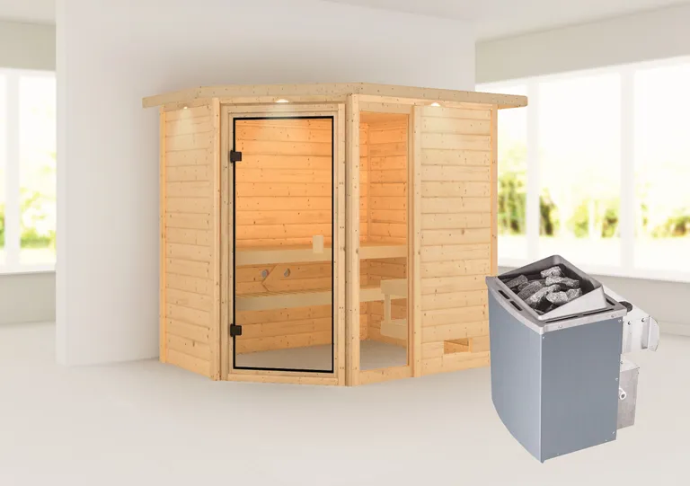 Woodfeeling Massivholz-Sauna Jada Eckeinstieg 38 mm 1