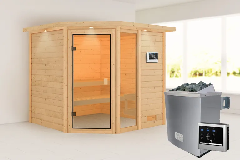 Woodfeeling Massivholz-Sauna Tabea Eckeinstieg 38 mm 0