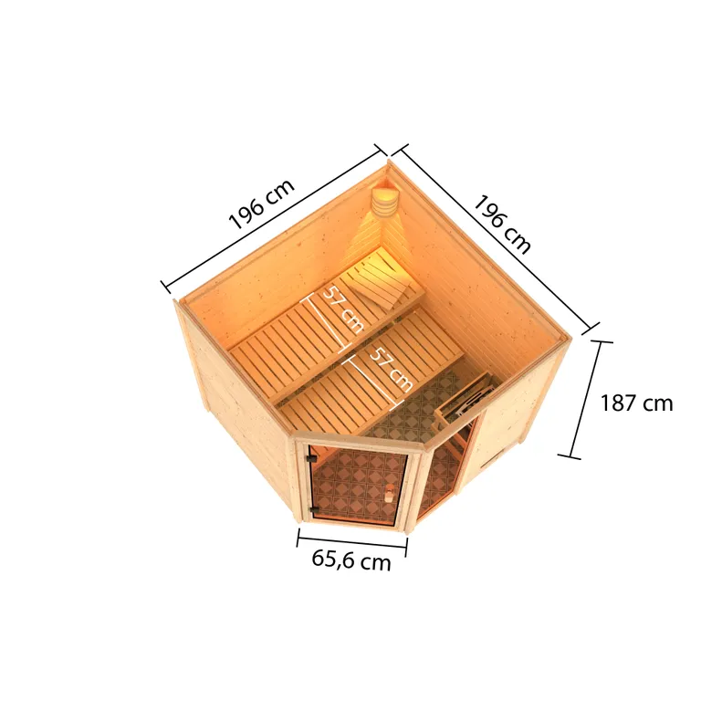 Woodfeeling Massivholz-Sauna Tabea Eckeinstieg 38 mm 1