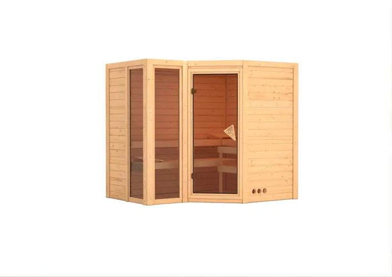 Karibu Massivholz-Sauna Amara Eckeinstieg 40 mm 1