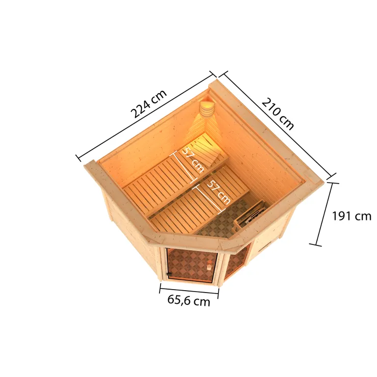 Woodfeeling Massivholz-Sauna Tabea Eckeinstieg 38 mm 2