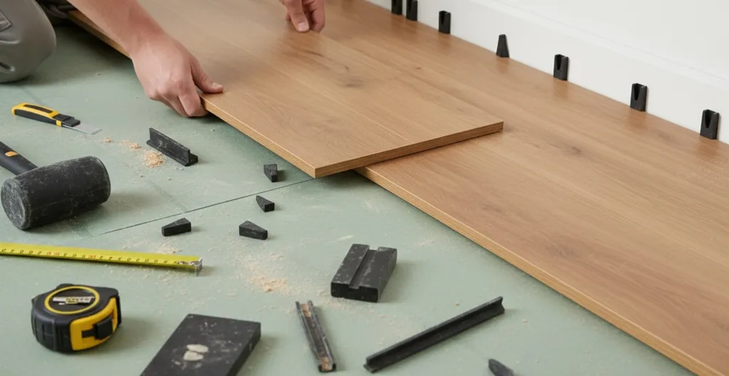 Hier ist ein Bild eines hellen Laminatbodens zu sehen der grade verlegt wird.