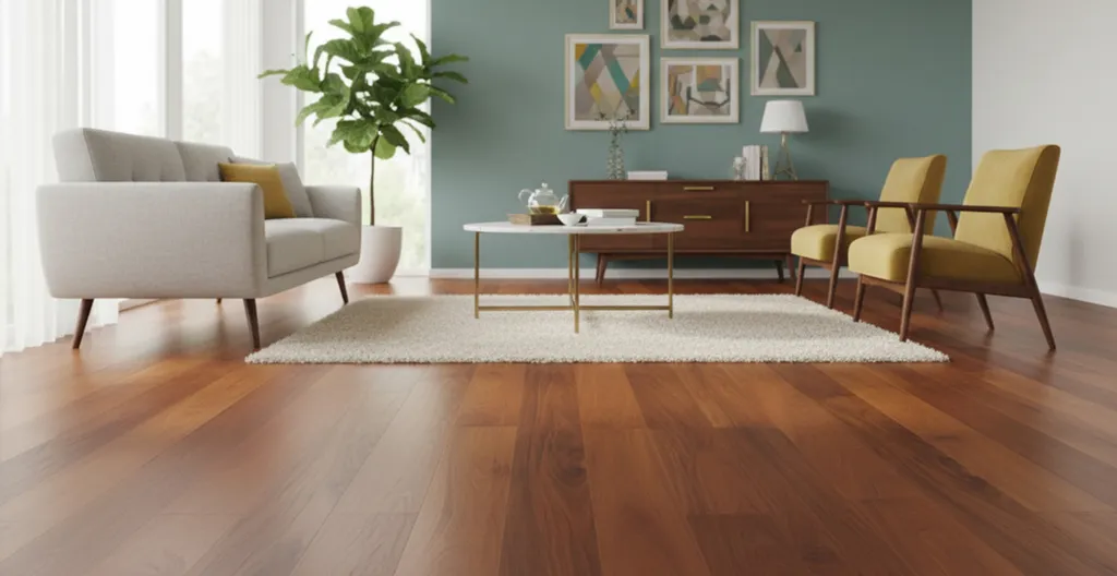 Hier ist ein Ambiente Bild eines Parkettbodens Merbau zu sehen.