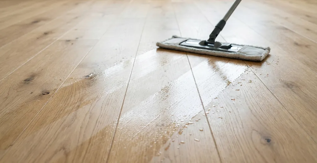 Hier ist ein Pflegebild eines hellen Klick Parkettbodens zu sehen.