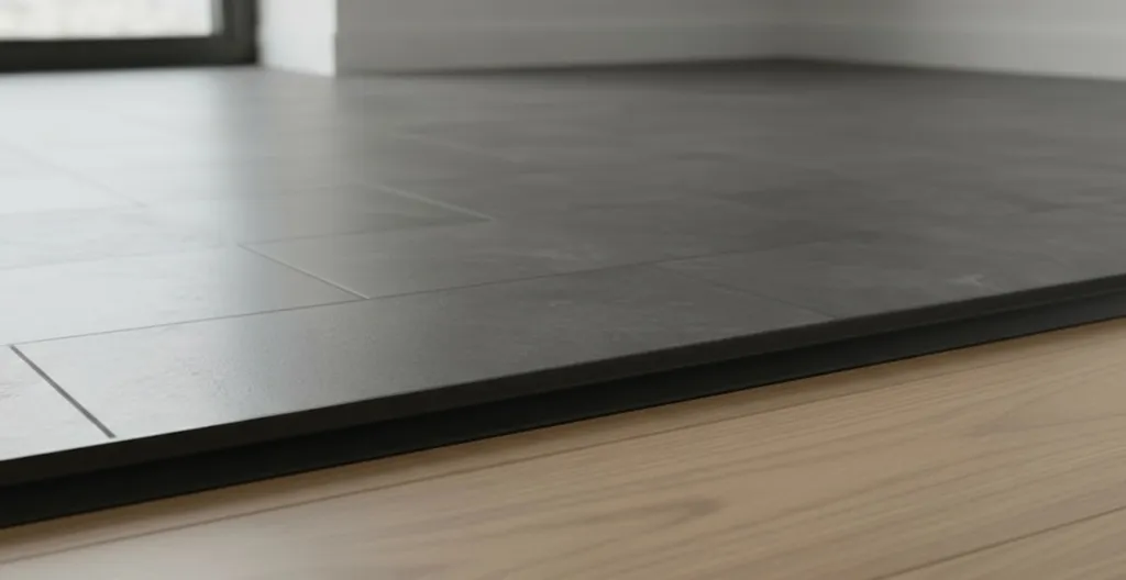 Hier ist ein schwarzes Abschlussprofil zwischen zwei Böden zu sehen. 