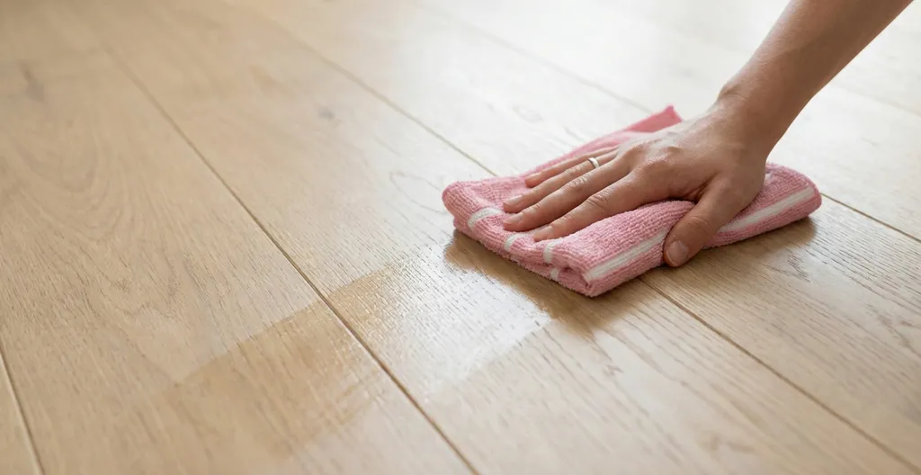 Hier ist ein Pflegebild eines hellen Parkettbodens Eiche zu sehen. 