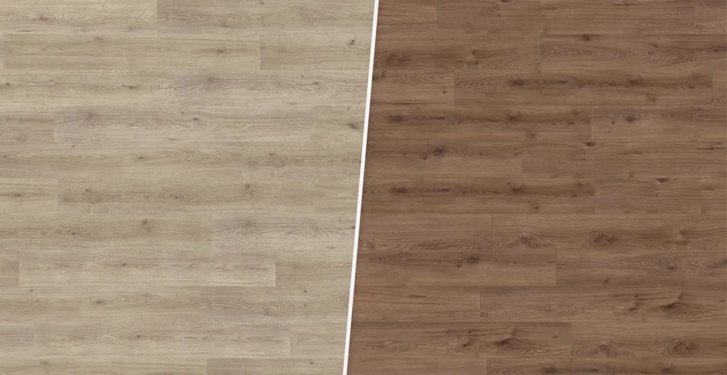 Hier werden zwei Laminatböden  in Holzoptik in hell und dunkel verglichen 