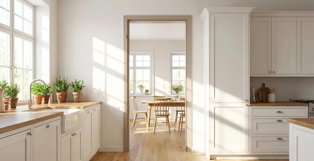 Helle Durchgangszarge die in einer hellen, fröhlichen Küche4 eingebaut ist.