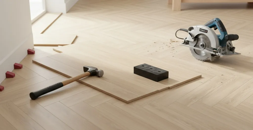 Auf dem Bild ist ein heller Laminatboden in Fischgrät Optik mit Werkzeug darauf zu sehen.