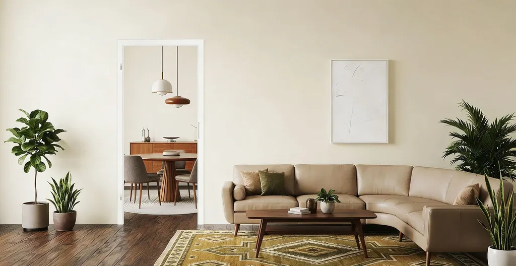 Hier ist eine eingebaute weiße Zarge in einem hellen gemütlichen Wohnzimmer zu sehen.