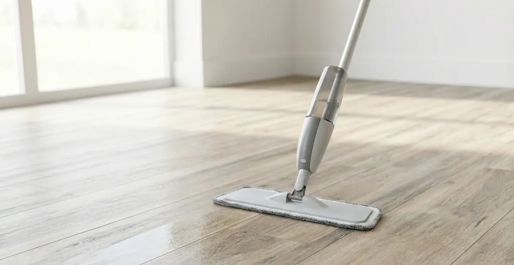 Hier ist ein Pflegebild eines hell grauen Parkettbodens zu sehen.