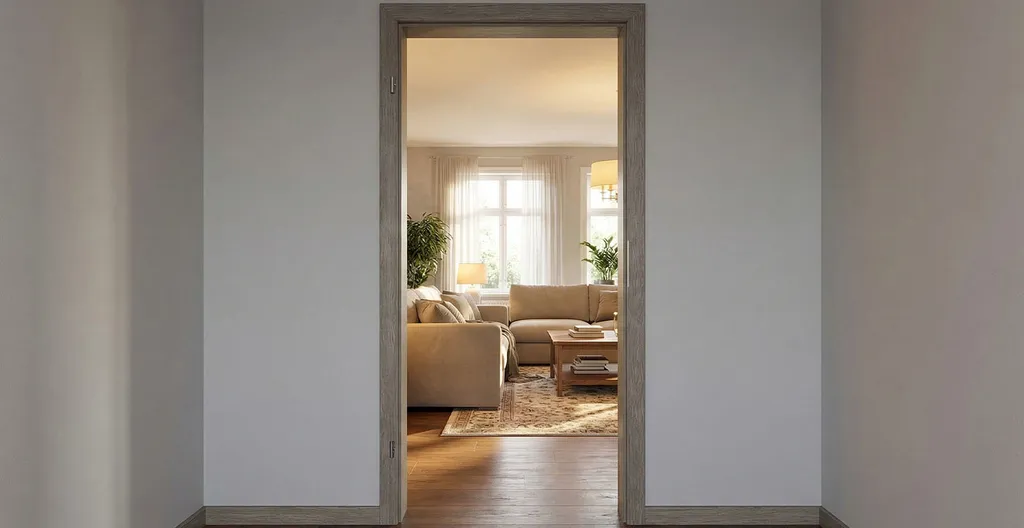 Ein grauer Blendrahmen der zwischen einem hellen, gemütlichen Wohnzimmer und Flur eingebaut wurde.