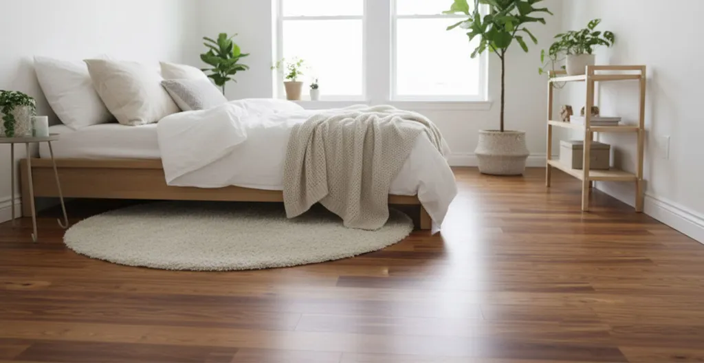 Hier ist ein Ambiente Bild eines dunklen Lärchenparketts zu ehen.