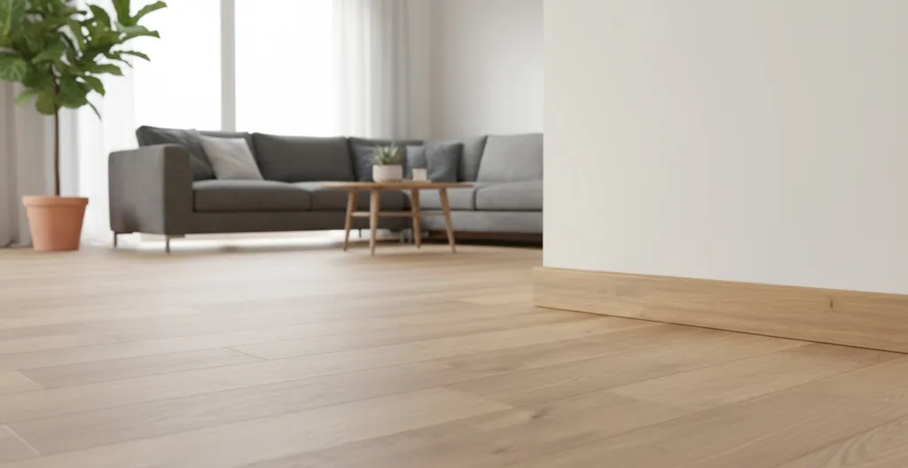 Hier ist ein modernes, gemütliches Wohnzimmer mit einer eingebauten hellen Sockelleiste zu sehen.