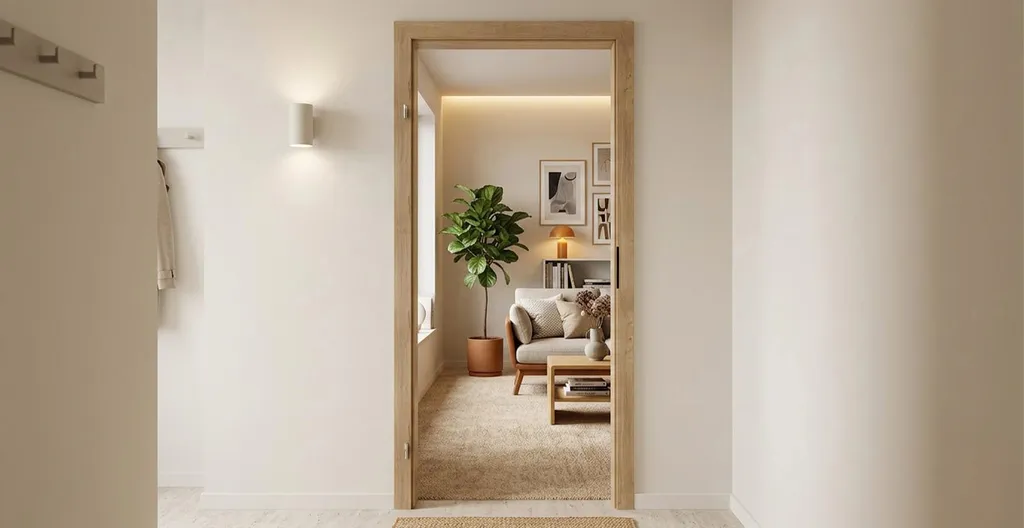 Eine helle Durchgangszarge in Holzoptik die zwischen Wohnzimmer und Flur eingebaut ist.