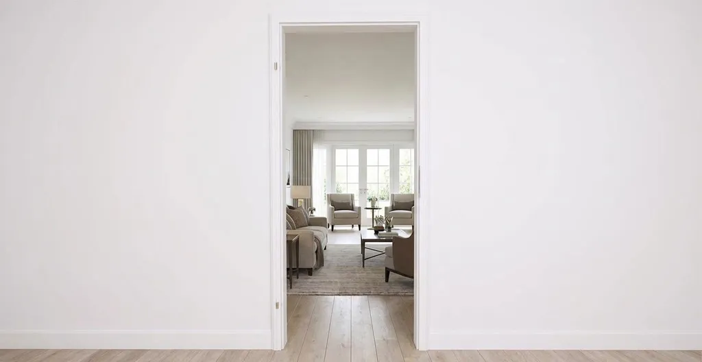 Eine weiße Durchgangszarge mit dem Blick in ein helles, gemütliches Wohnzimmer zeigt.