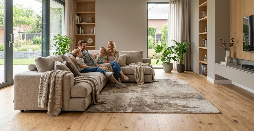 Hier ist ein Ambiente Bild eines hellen Klick-Parkettbodens zu sehen.