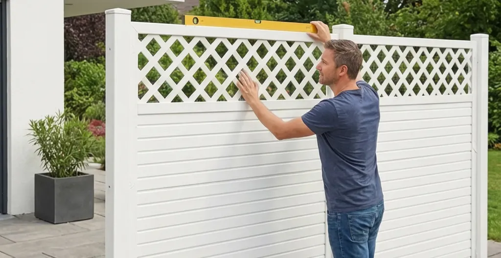 Hier ist die Montage eines weißen Rankgitter Zauns in Kunststoff zu sehen 