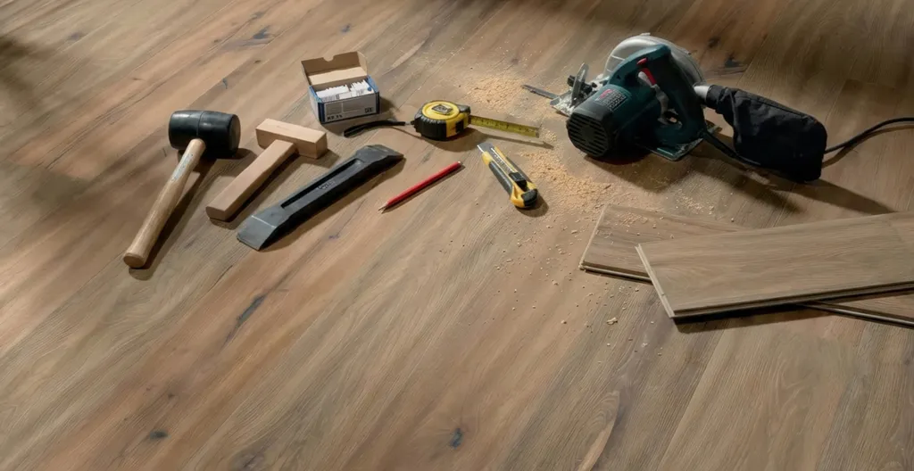 Hier sind Werkzeuge auf einem dunklen Fertigparkettboden zu sehen.