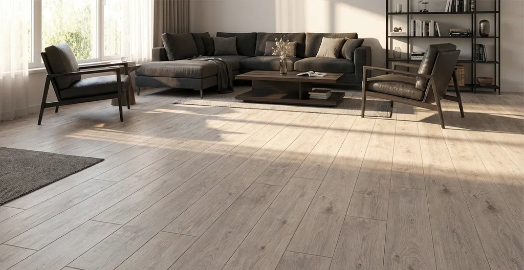 Hier ist ein Ambiente Bild eines hell grauen Laminatbodens zu sehen
