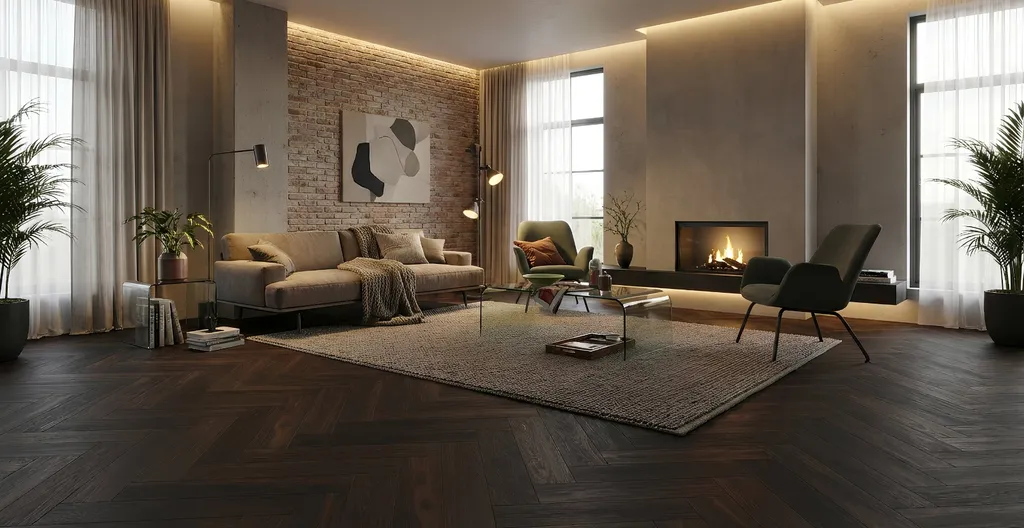 Hier ist ein Ambiente Bild eines dunklen Parkettbodens Eiche in Fischgrätoptik zu sehen.