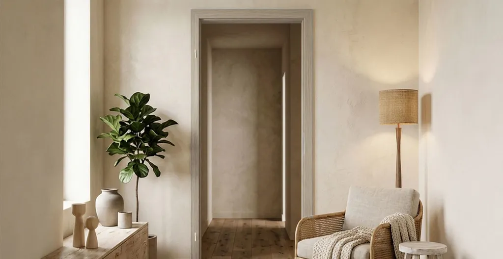 Eine hell graue Zimmertür Zarge, eingebaut in einem hellen, gemütlichen Zimmer.