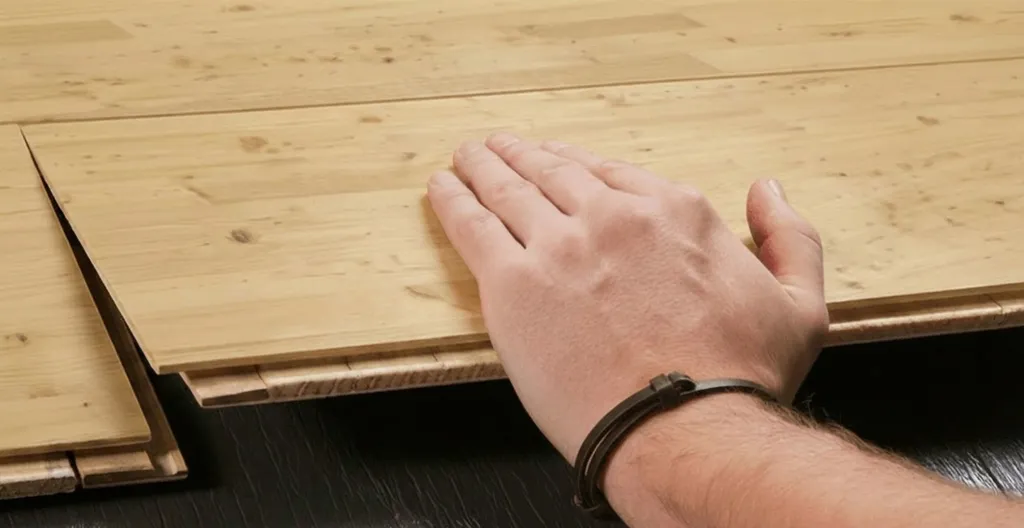 Hier ist ein Verlege Bild eines Lärche Parkettbodens zu sehen.